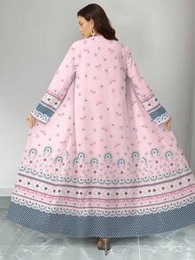 SHEIN Najma 粉色花卉、蝴蝶和贝壳几何印花优雅波西米亚风女装连衣裙，春夏时尚圆领长款连衣裙和开衫套装，阿拉伯服饰 - 彩色 - 查看 2