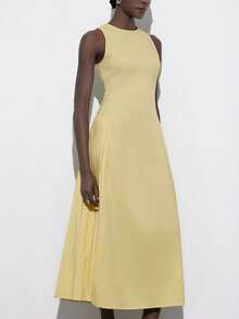 Aveloria Modichic 米黄色无袖女式连衣裙，简约A字廓形，腰部收紧，臀部褶裥设计，优雅的办公室及休闲长裙 - 黃色 - 查看 3