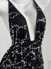 Elamini Sexy Sassy Fringed Sequin Sheer Mesh Criss-Cross Deep V Backless Jumpsuit, Fitted A-Line, Spring/Summer - Black - View 4