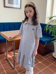 Dazy Kids 少女夏季休闲荷叶边连衣裙 - 灰色 - 查看 3