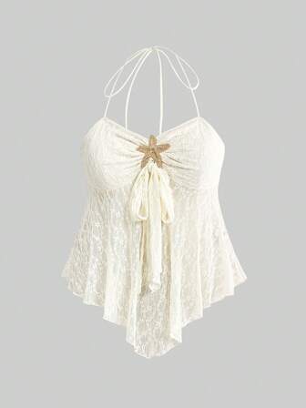 Conjunto de playa retro Y2K, Camiseta sin mangas con abertura sexy y decoración de estrella de mar, talla grande