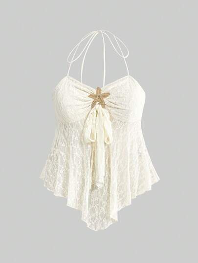 ROMWE Y2K Retro Holiday Beach Outfit, Starfish Decor Bodycon Sexy Slit Hem Plus Size Camisole