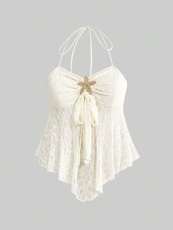 ROMWE Y2K Retro Holiday Beach Outfit, Starfish Decor Bodycon Sexy Slit Hem Plus Size Camisole