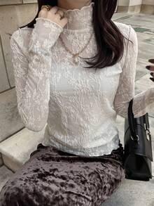 FRIFUL 女士网纱高领透视上衣，秋季叠穿单品 - 杏色 - 查看 7