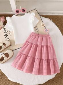 SHEIN Genkimix Kids 春夏新款休闲自然风可爱刺绣花卉短袖T恤搭配格纹迷你裙套装 - 珊瑚粉 - 查看 3