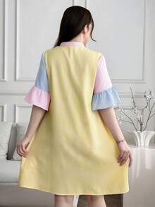 SHEIN 少女休闲条纹不对称领荷叶边宽松A字衬衫裙，粉彩色撞色连衣裙，适合日常外出、返校季、夏季休闲、Y2K风格，青少年休闲连衣裙，少女春季连衣裙，女士夏季连衣裙，女士粉彩色连衣裙 - 彩色 - 查看 3