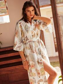 Women's Bohemian Vacation Casual Ocean Element Shell & Hibiscus Print Loose Tie-Waist Woven Robe - Multicolor - View 3