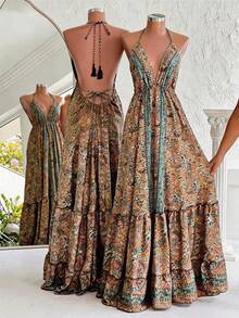 Franclia Paisley Print Backless Halter Neck Vacation Casual Dress - Multicolor - View 2