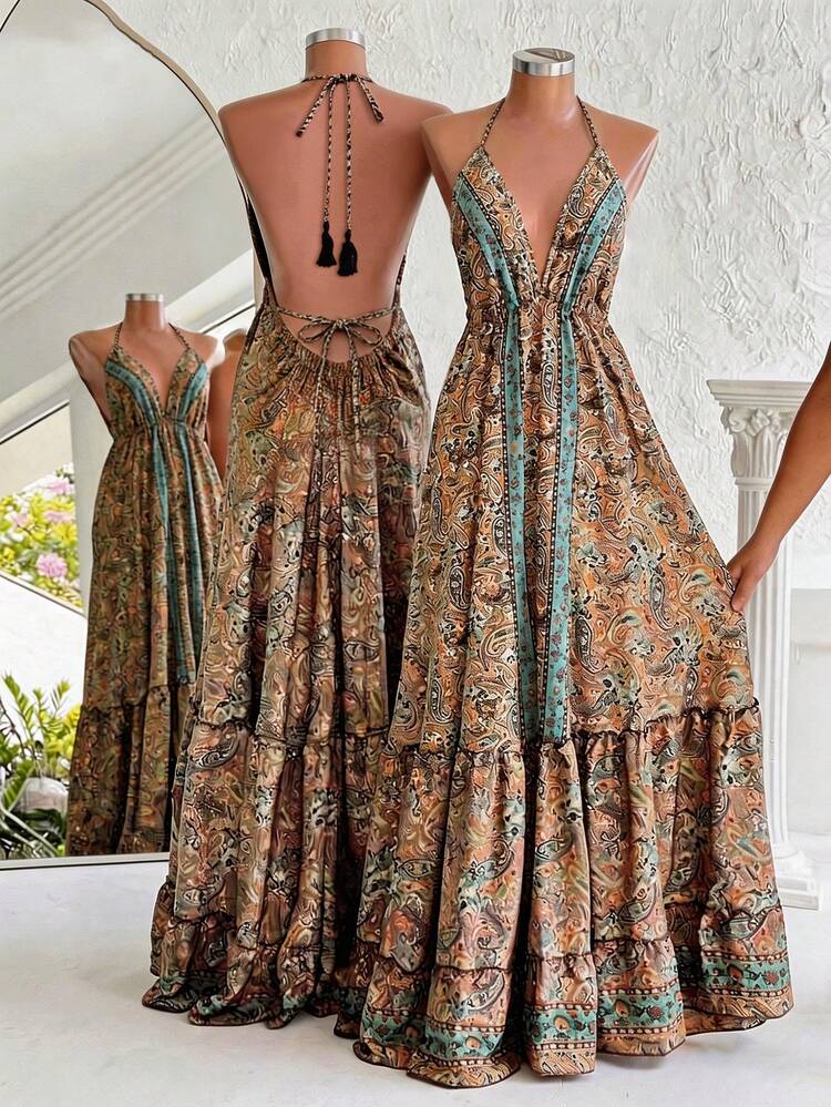 Franclia Paisley Print Backless Halter Neck Vacation Casual Dress - Multicolor - View 2