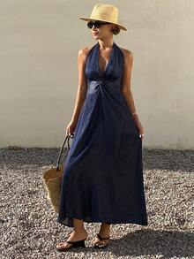 Livesso Women's Vacation Deep V Twist Design Halter Denim Dress - Dark Wash - View 3