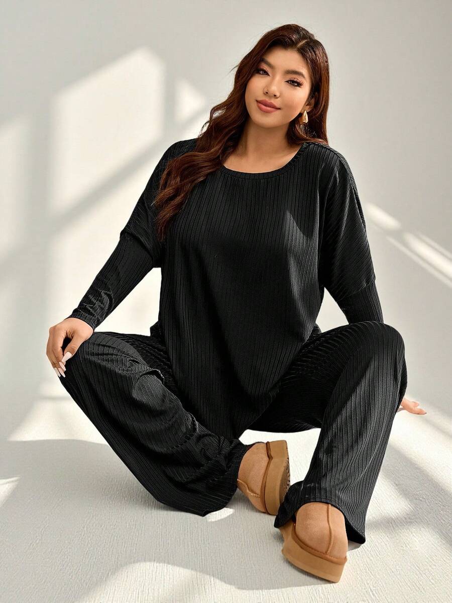 Auralis 大码女式纯色蝙蝠袖T恤和裤子休闲两件套 - 黑色 - 查看 1