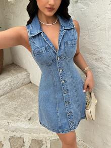 Rivivi Fashionable Turndown Collar Button Washed Sleeveless Denim Dress - Light Wash - View 7