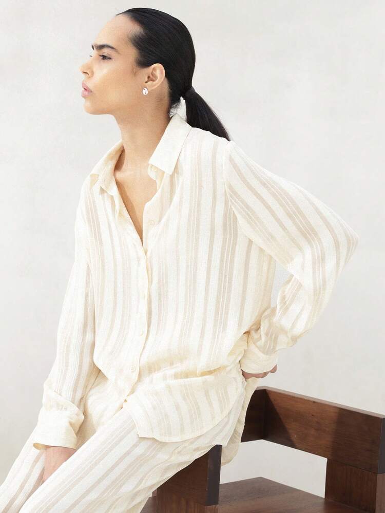 KSTM Regularna damska bluzka z długim rękawem i kołnierzykiem w żółte paski, zapinana na guziki, lekka, półprzezroczysta, codzienna koszula na wiosnę i lato, do pracy w biurze