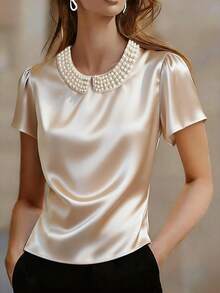 Franclia Women's Round-Neck Pearl-Encrusted Short-Sleeved Shirt,Glossy Satin Woven Fabric,Elegant,Tea Party,Holiday,Summer,White Gold,Fashionable Business Top - Apricot - View 4