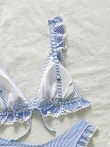 Swim Mod 2件套女童特制条纹荷叶边三角比基尼上衣和V领荷叶边三角泳裤泳装 - 彩色 - 查看 3