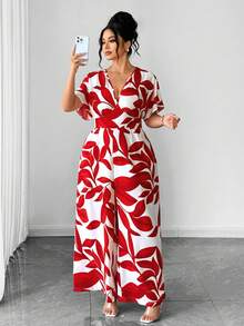 Elenzga Mono de flores rojas con cuello en V, elegante y casual, de estilo retro francés para vacaciones, primavera/verano - Rojo - Ver 3