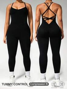 Breezaya Bộ áo liền quần yoga không đường may cỡ lớn dành cho nữ, màu đen, dài 7/8, phù hợp cho yoga, thể dục, hoạt động ngoài trời và mặc hàng ngày. - màu đen - Xem 1
