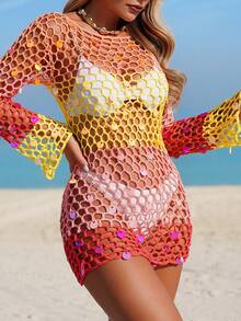 Swim Vcay 女式彩色串珠亮片网眼罩衫连衣裙，圆领长袖钩针沙滩度假连衣裙 - 彩色 - 查看 7