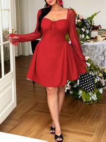 Celure Plus Size Women's New Party, Outing, Date, Gathering Elegant Mesh Rose Red Knit A-Line Romantic Valentine's Day Dress - Red - View 6