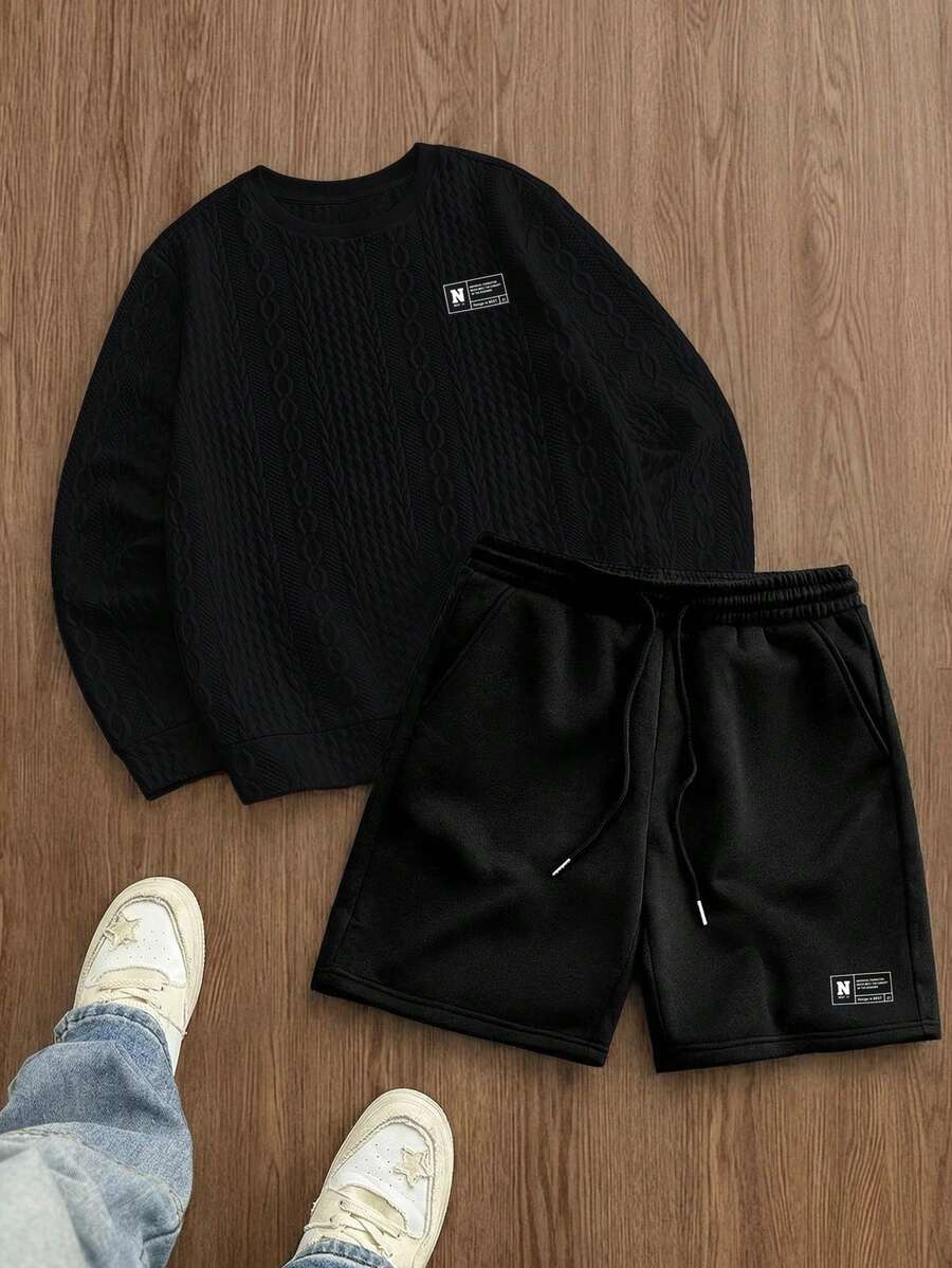 Manfinity Unisex Men's Crew Neck Graphic Long Sleeve Sweatshirt And Drawstring Waist Shorts 2-Piece Casual Set - Black - View 1