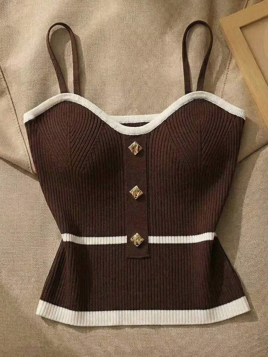 Resyla Women's Contrast Striped Print Fitted Camisole Knit Top - Brown - View 1