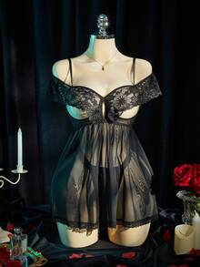 SpicyHot 2 piezas Conjunto de camisón sexy de mujer con parches de encaje - Negro - Ver 6