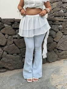 Sunnyshic Minifalda dulce de doble capa con decoración de encaje y cinta para mujer de talla grande - Blanco - Ver 8