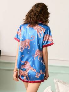 Young Casual Leopard & Tiger Animal Print Satin Lapel Robe Sleepwear, Animal Pattern Loungewear Set For Women - Multicolor - View 2