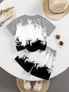 SHEIN 男婴休闲简约扎染度假运动风百搭宽松舒适T恤套装，适合夏季穿着 - 彩色 - 查看 4