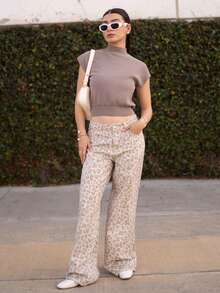 Andrea Bello Women's Leopard Print Pocket Wide Leg Loose Casual Versatile Jeans - Beige - View 1