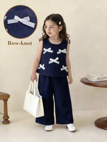 Elladie kids 2件套女童时尚可爱3D蝴蝶结无袖上衣和七分裤套装，适合日常穿着、度假和外出，春夏新款 - 藏蓝色 - 查看 3