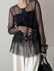 FRIFUL Women's Round Neck Metal Button Decor Hem Layered Ruffle Hem Splice Bodycon Casual T-Shirt - Black - View 4