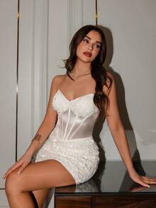 Poshira Sequin Shiny Fitted Cocktail Dress, High-End Elegant Party Gown - White - View 4