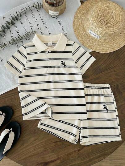 LMoss Kids 2pcs/Set Young Boys' Casual Comfortable Versatile Striped Print Top And Striped Shorts Set Boys Resort Wear Boys Cruise Wear Boys Striped Set Boys Clothes Two Piece Striped Polo For Boys,Kids