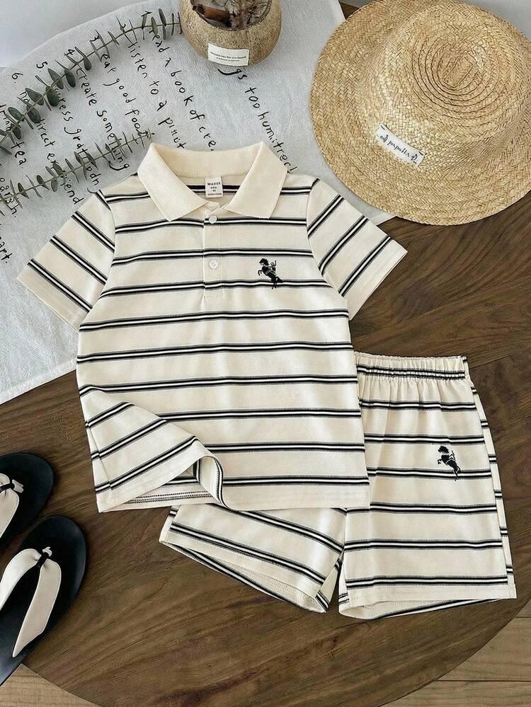 LMoss Kids 2pcs/Set Young Boys' Casual Comfortable Versatile Striped Print Top And Striped Shorts Set Boys Resort Wear Boys Cruise Wear Boys Striped Set Boys Clothes Two Piece Striped Polo For Boys - Multicolor - View 3