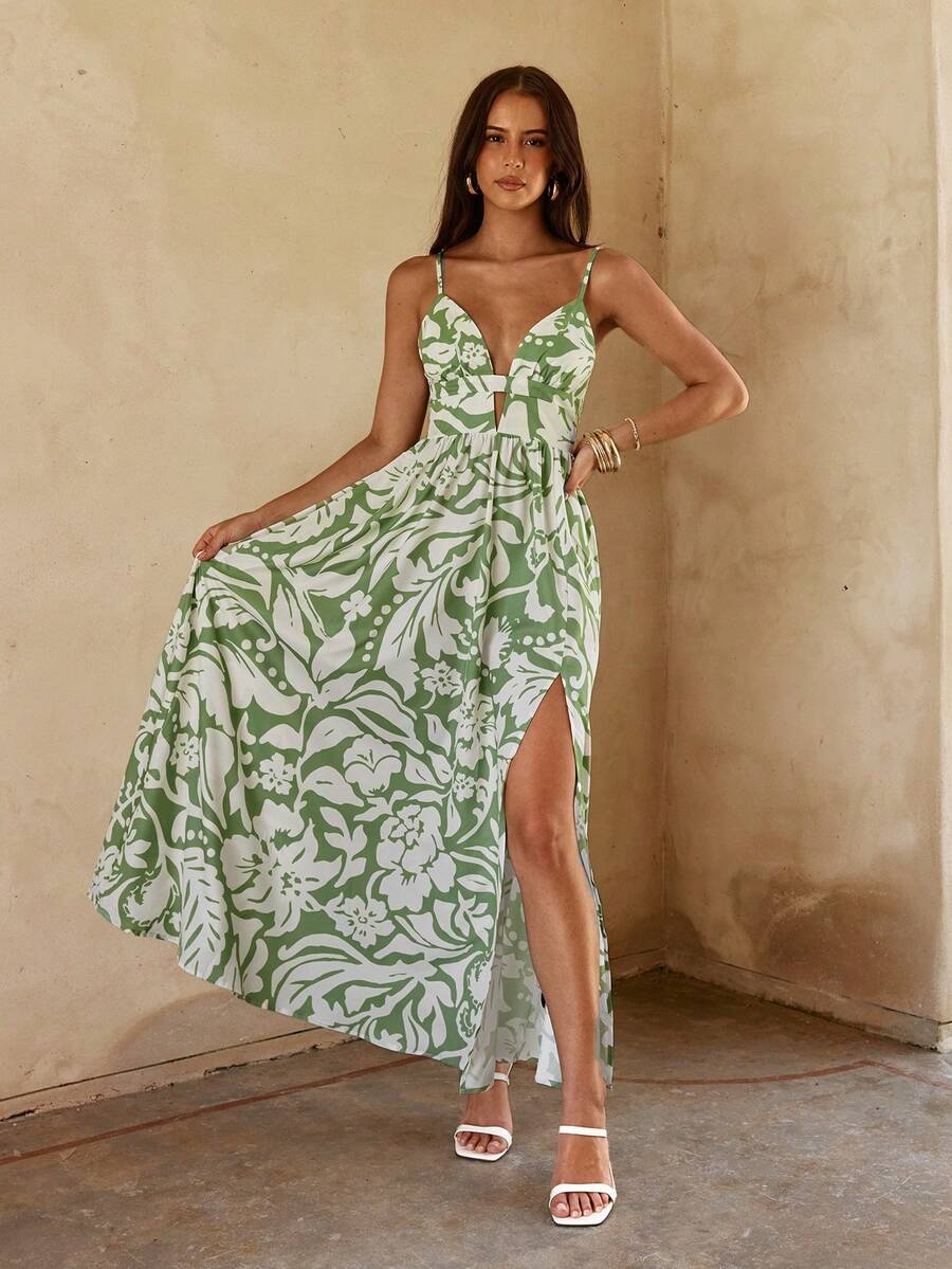KARISMINA Spring & Summer Vacation Chiffon Printed Dress For Women - Green - View 1