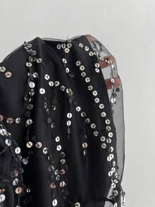 Elamini Sexy Sassy Fringed Sequin Sheer Mesh Criss-Cross Deep V Backless Jumpsuit, Fitted A-Line, Spring/Summer - Black - View 6