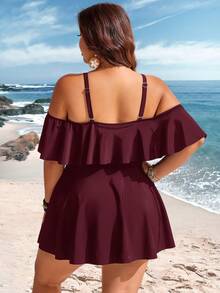 Swim Lushoire Traje de baño con volantes y hombros descubiertos con shorts para mujer de talla grande de unicolor - Burdeos - Ver 2