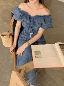 DAZY 女士休闲牛仔连衣裙，V领，纽扣设计，荷叶边下摆 - 藍色 - 查看 5