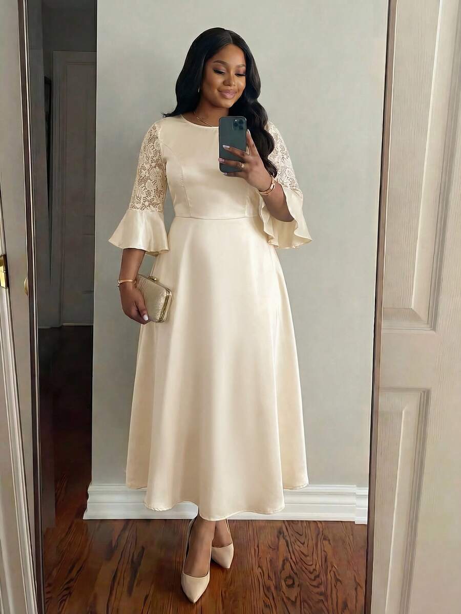 SHEIN Lady 大码女式圆领蕾丝优雅派对连衣裙，适合夏季穿着 - 杏色 - 查看 1