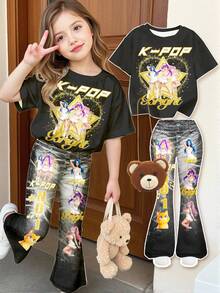SHEIN 时尚套装，动漫风，少女休闲卡通图案圆领短袖T恤和喇叭裤两件套，适合夏季穿着 - 彩色 - 查看 3