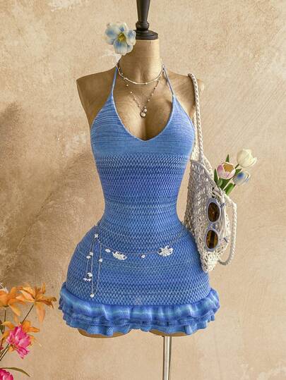 Soleia 全新渐变色挂脖荷叶边下摆针织迷你连衣裙，度假风格