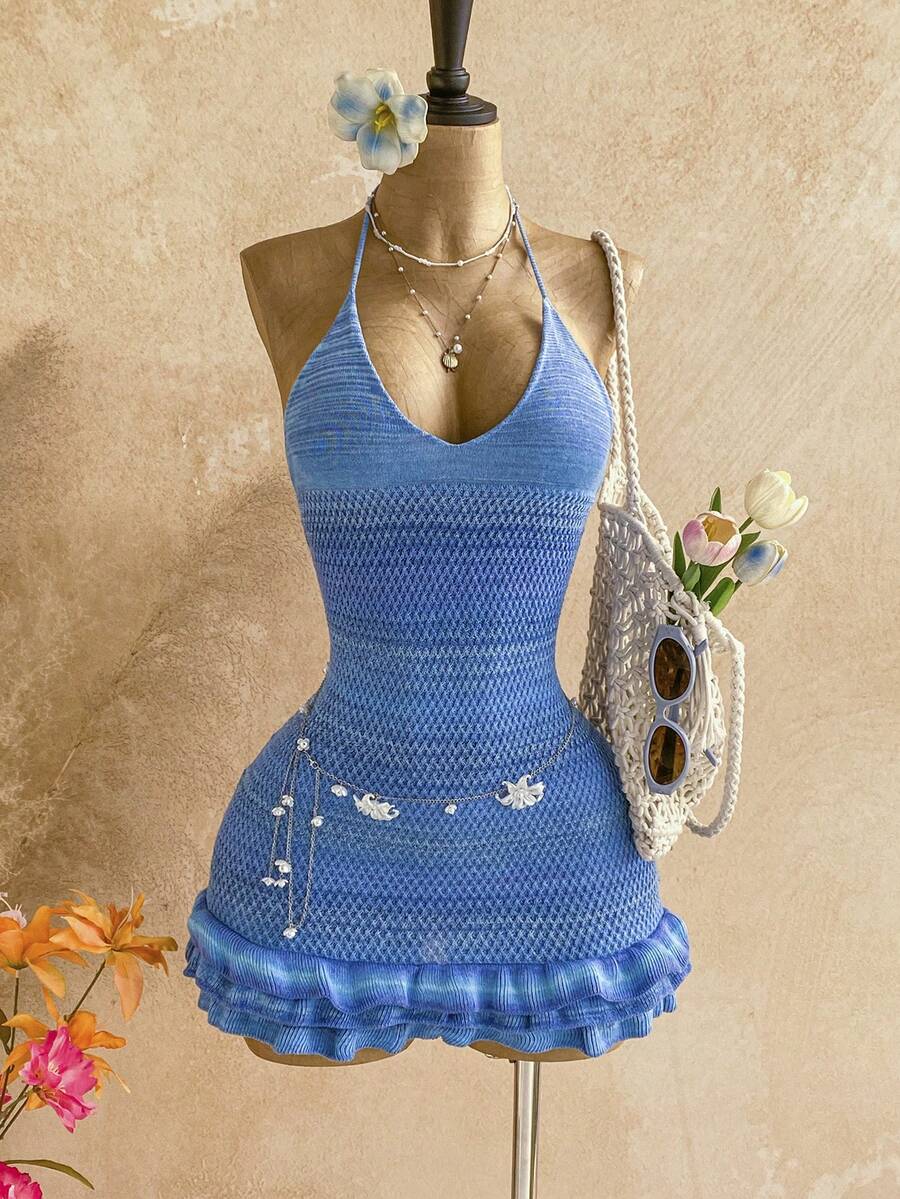 Soleia 全新渐变色挂脖荷叶边下摆针织迷你连衣裙，度假风格 - 藍色 - 查看 1