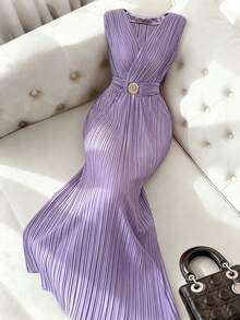 Franclia Women's Fashionable And Versatile Party Dresses, Women's Long Lilac Purple Sleeveless Wrap Dress With V-Neck Pleats, Dress With Metal Buckle Belt, Elegant And Slim Lilac Purple Banquet Dress, Women's Wedding Guest Dress, Wedding Party Dress, Women's Holiday Dress, Elegant Long Dress, Women's Beach Dress, Women's Graduation Dress, Women's Formal Dress/Gown, Women's Purple DressGraduation Season Attire, Fashionable Casual Commuter Wear, Business Office Wear, Versatile And Stylish Everyday Casual Wear, Urban Teacher's Professional Attire - Lilac Purple - View 1