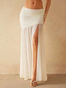 Silquee Women's Low Waist Ruched Slit Chiffon Skirt, Spring/Summer, Sexy Vacation Holiday Summer Festival Beachwear Romantic Elegant Birthday Wedding Guest Party Carnival Wedding Party - Apricot - View 1