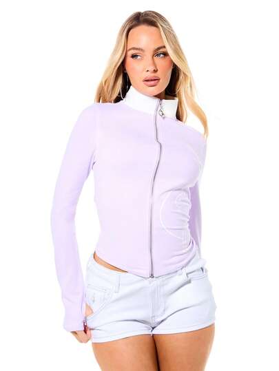 BABYPHAT Áo thun dài tay cổ cao, dáng ôm, chất liệu jersey, khóa kéo, kiểu dáng thường ngày, là item không thể thiếu trong tủ đồ mùa xuân.