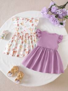 SHEIN 2pcs/Set Baby Girls' Summer Dress, Purple Sleeveless Cotton Dress With Cute Cat Face & Forest Animal Prints - Purple - View 2