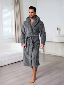 1PC Autumn/Winter Multicolor Long Plush Cable Knit Hooded Bathrobe, Elegant & Charming Fashion Men's Casual Loungewear & Couples Robe - Dark Grey - View 4