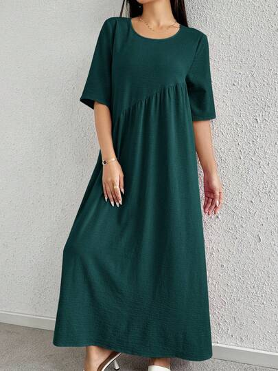 Mulvari 女士纯色圆领褶皱休闲派对连衣裙，适合夏季穿着