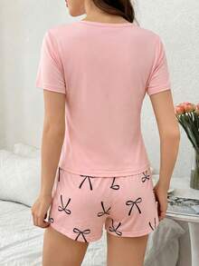 Bow & Letter Print Short Sleeve Shorts Pajama Set - Multicolor - View 2